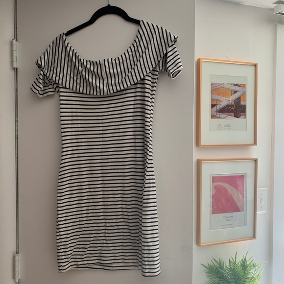 SOLD Delacy Navy White Striped Off Shoulder Dress - Picture 2 of 5